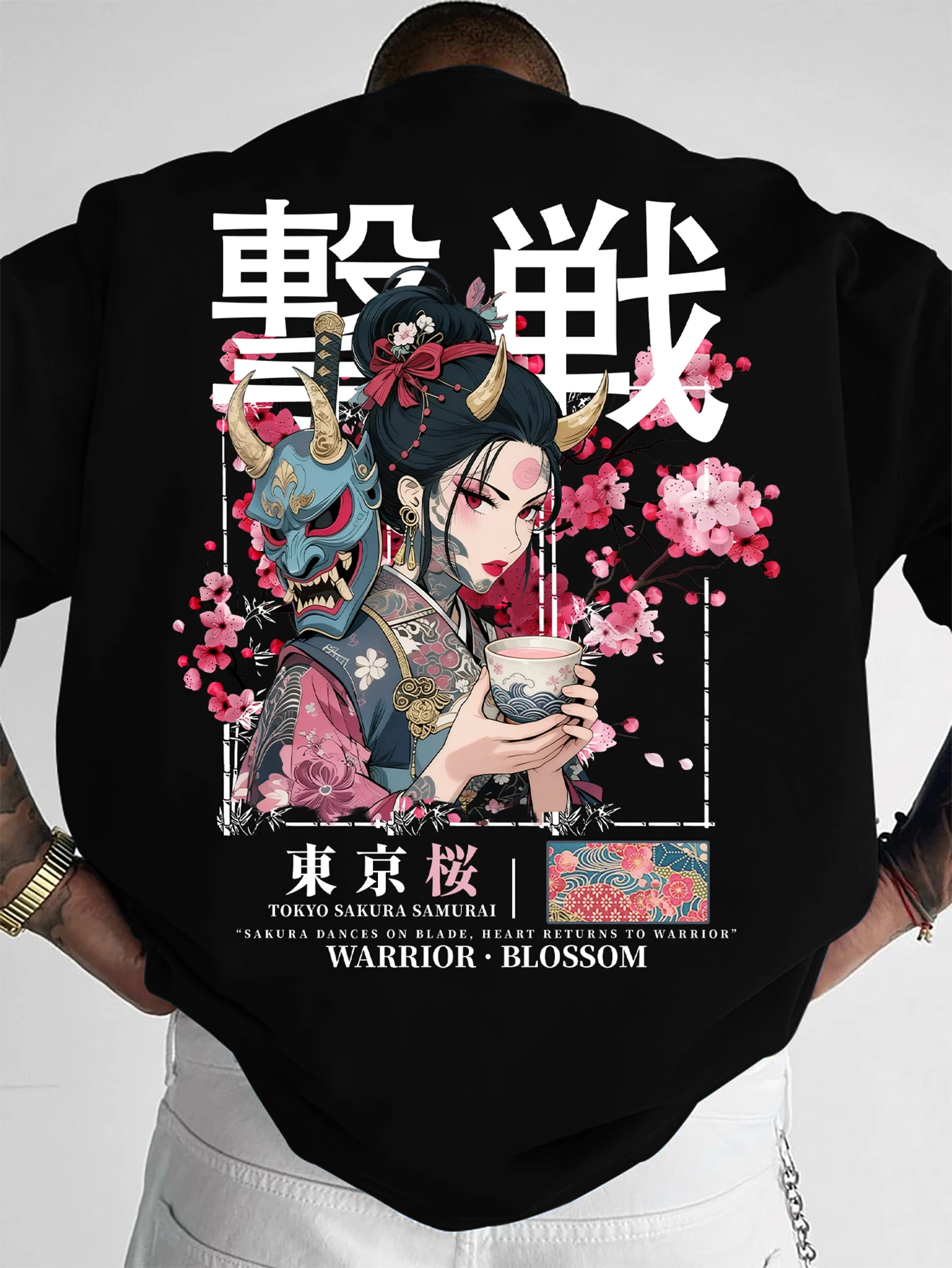 Men's Y2K Oversized T-Shirt, Anime Warrior Blossom Oni Mask Lady Cherry Blossom Graphic Print, Polyester, Casual Outdoor, S-XXL