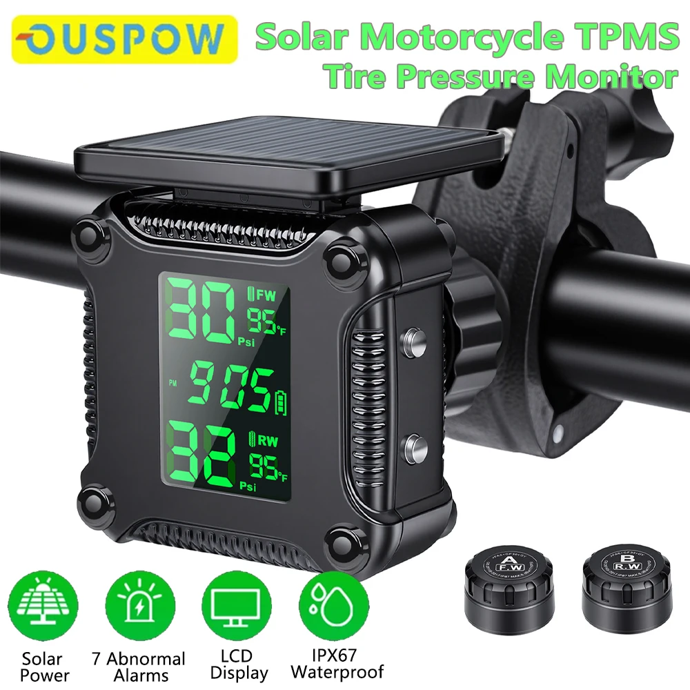 Ouspow Tire Pressure Monitoring System Colorful Display Wireless TPMS Motorcycle Solar Charge Tyre Temperature Alarm Sensor