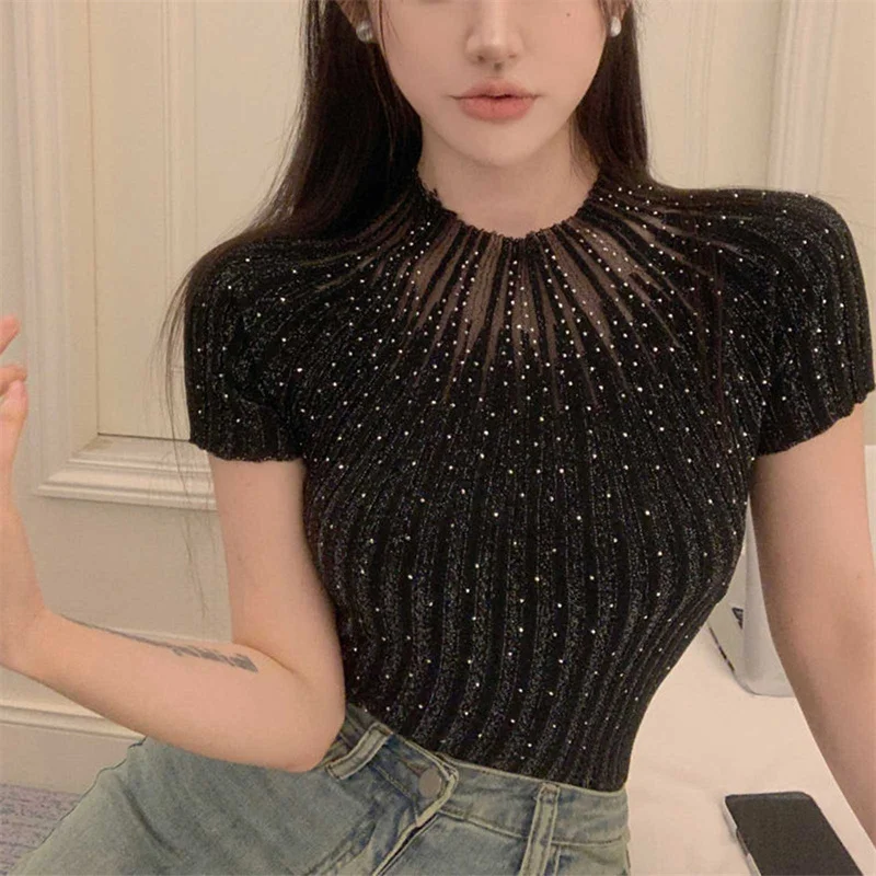 

Женские футболки с коротким рукавом и стразами, повседневные трикотажные топы с воротником-стойкой и круглым вырезом, облегающие