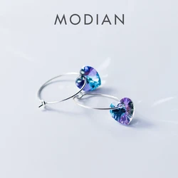 Modian Sparkling Blue Crystal Swing Hoop Earrings For Women Classic Heart 925 Sterling Silver Luxury Jewelry Female Accessories