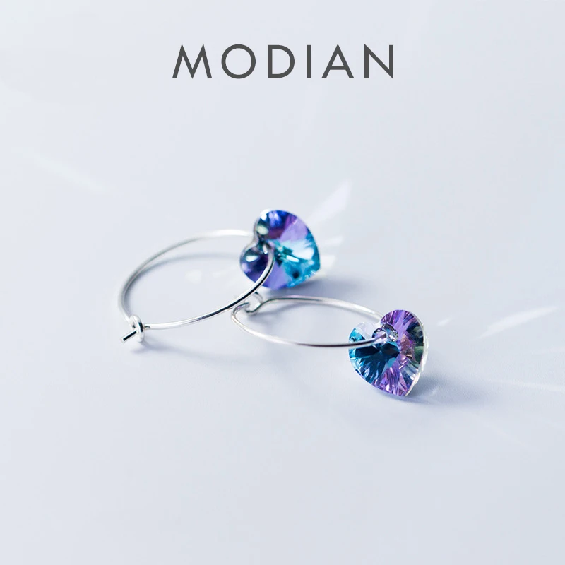 Modian musujące niebieski kryształ huśtawka Hoop kolczyki dla kobiet klasyczne serce 925 Sterling Silver luksusowe biżuteria kobiece akcesoria