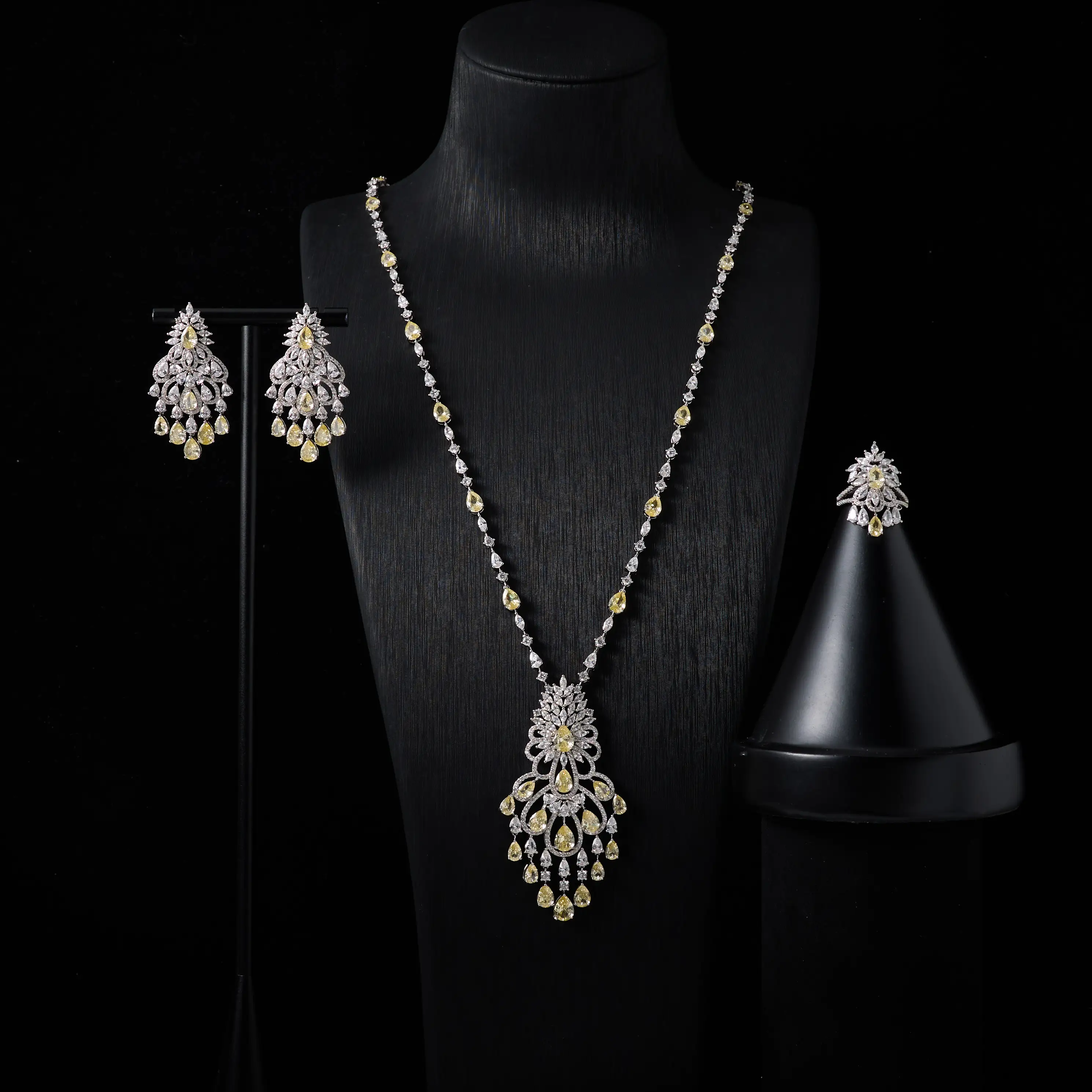 

00069 Bridal Long Necklace Set for Women Cubic Zirconia 3 Pcs Jewelry Set for Women Wedding Party Accessories Necklace Earrings