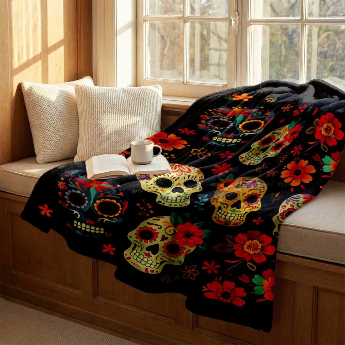 2026 New Arrival Flannel Blanket Vintage Sugar Skull Throw Blanket Day of the Dead Decor with Floral Skulls Soft Lightweight Fla