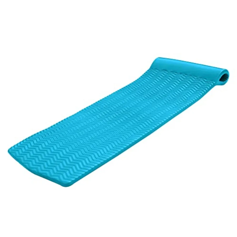 Swimming pool float mat for adults, vinyl-coated foam, 1.5-inch thick, blue, built-in roll pillow for neck support
