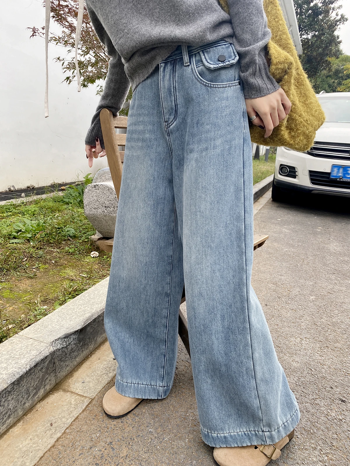 

Джинсы FEELROOM с широкими штанинами на флисовой подкладке, темно-синие, длинные, с высокой талией, новые зимние, женские, модные, утягивающие брюки