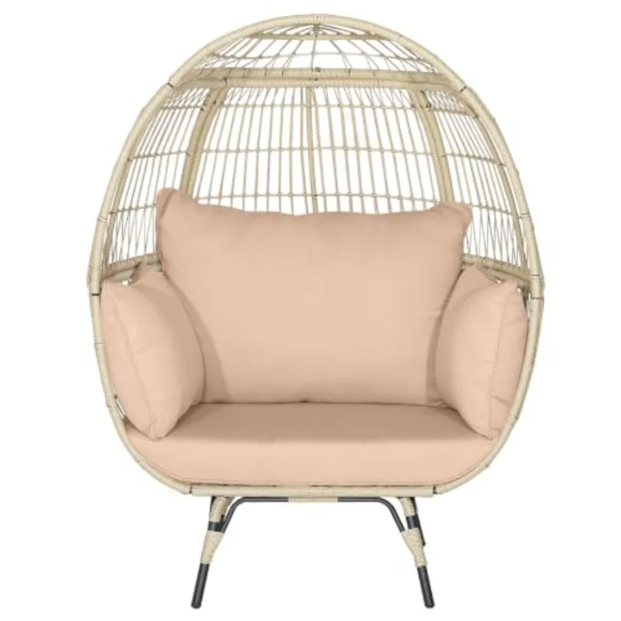 Outdoor Indoor Oversized Wicker Hammock Chair in Beige PE Rattan with Thick Cushions, 2-Person Lounge Swing for Patio Backyard