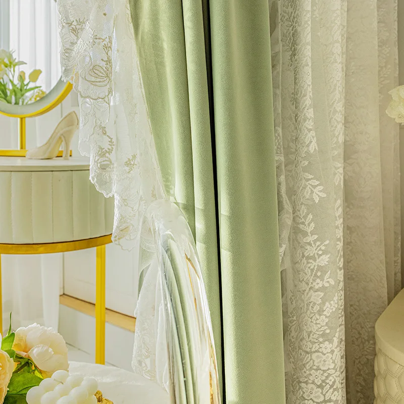 French Curtains for Living Room, Australian Gauze, Cashmere, Matcha Green, Balcony, Bedroom, Bay Windows with Lace Gauze