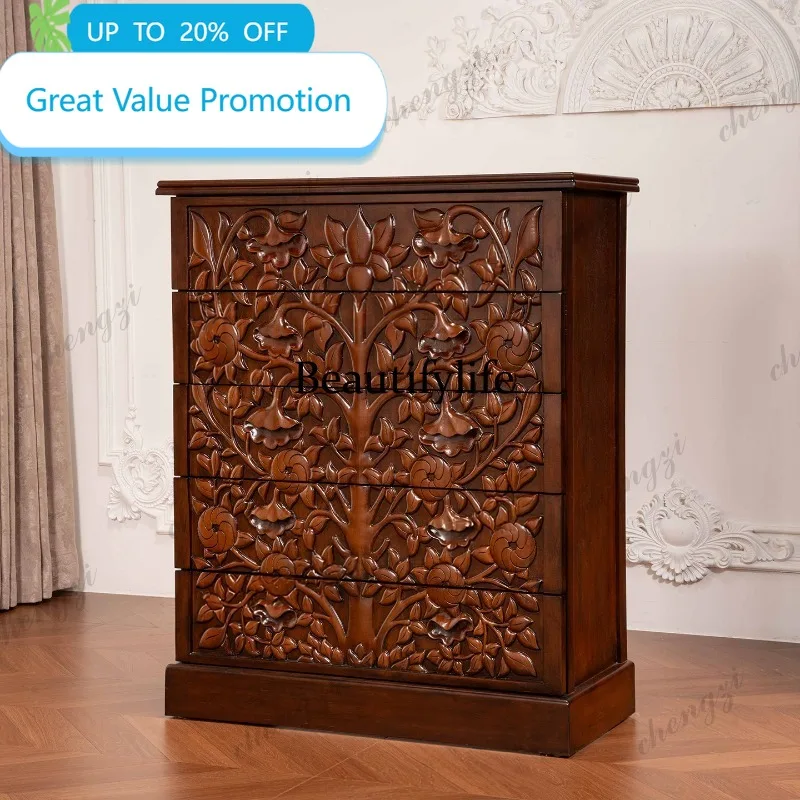 M178 Thai solid wood wall locker American retro carved chest cabinet large capacity storage cabinet