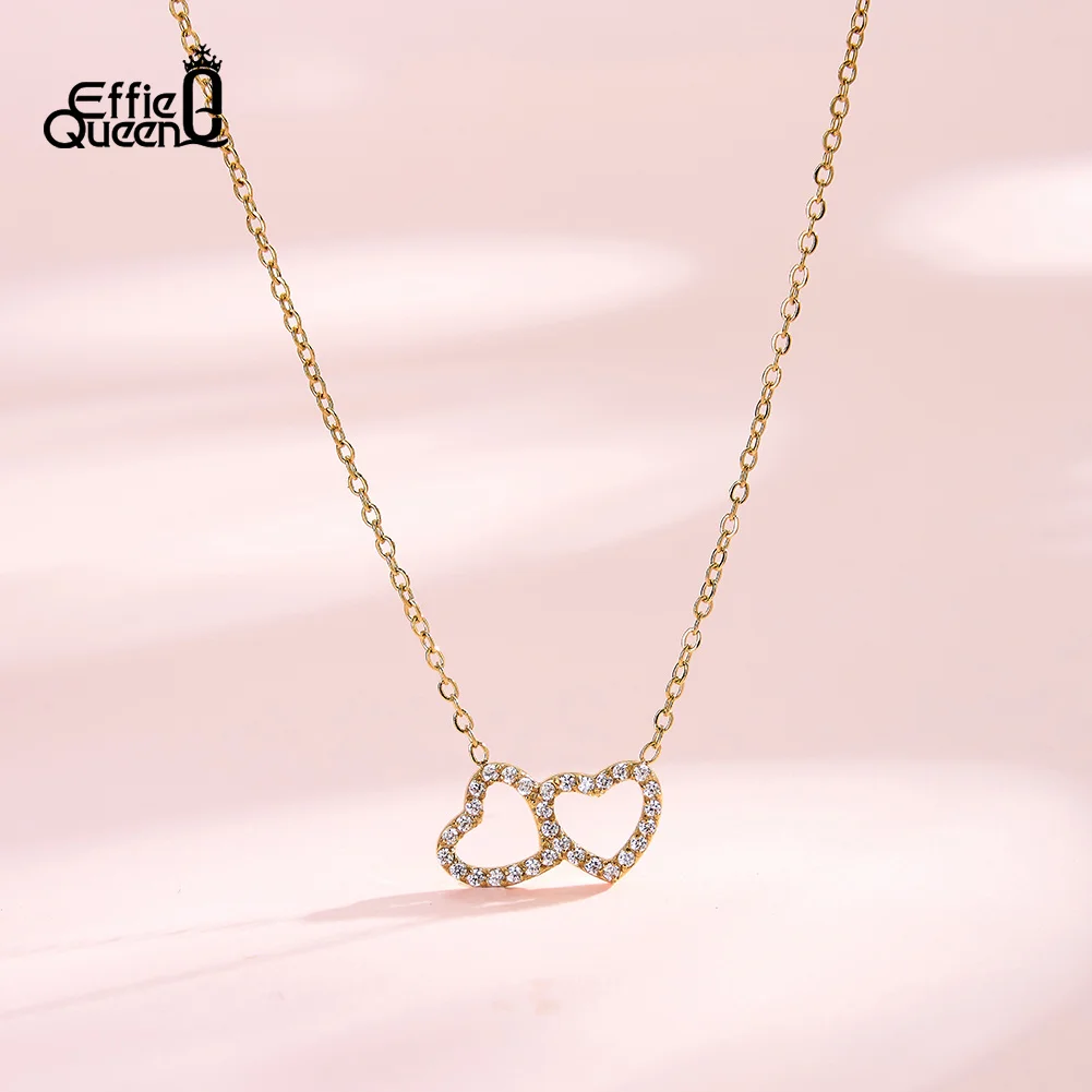 EFFIE QUEEN Exquisite Cubic Zircon Double Heart Necklace Chain Stainless Steel Fashion Anti-allergy Waterproof Jewelry STKN45