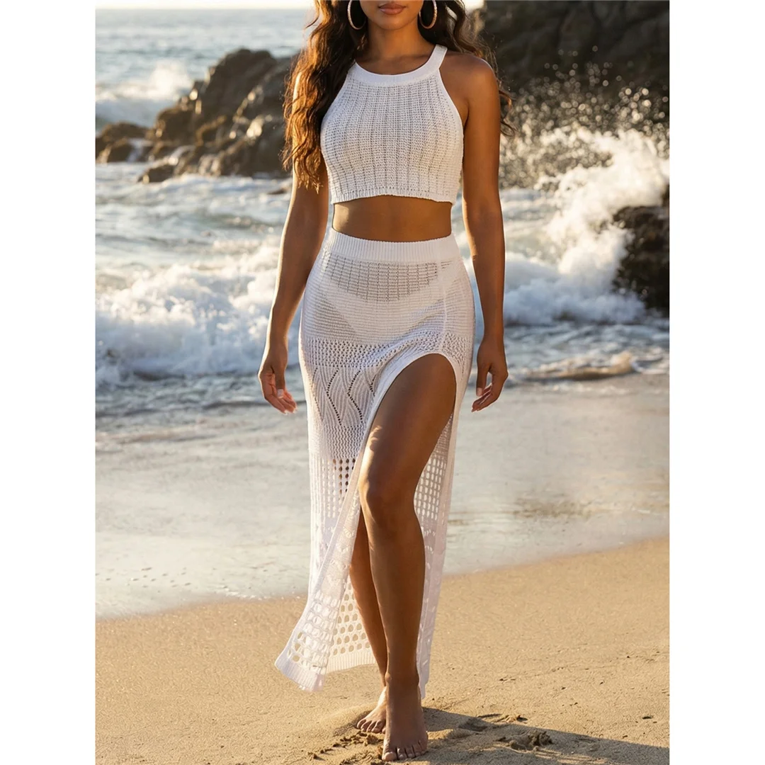 S - XL, gehäkelte, gestrickte 2-teilige Anzüge, einfarbige Tunika, Strandkleid, Strandmode, Damen, V8268 – Detail 7