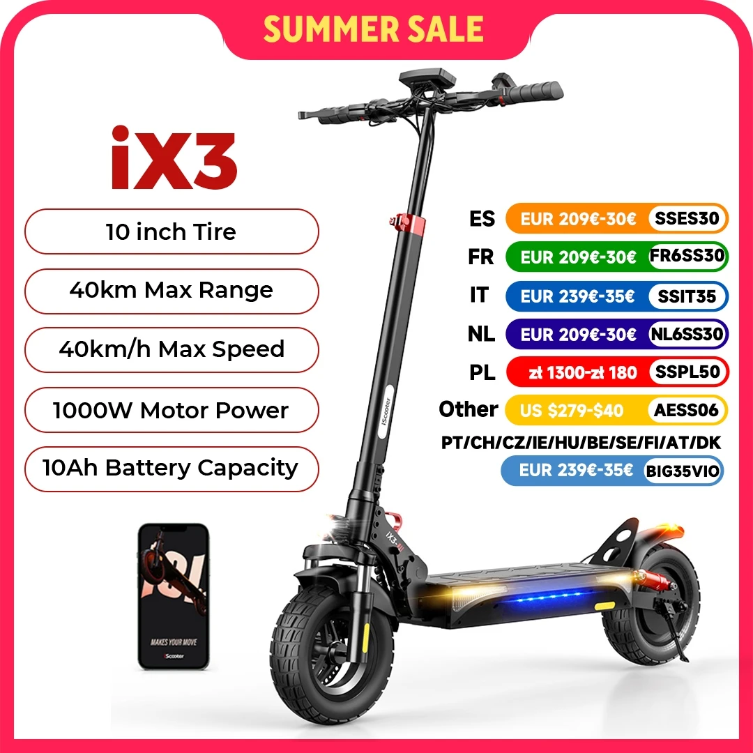 IScooter-Trottinette électrique tout-terrain pour adultes, trottinette électrique, BMERY, 10 pouces, 10Ah, 40km par heure, 1000W max