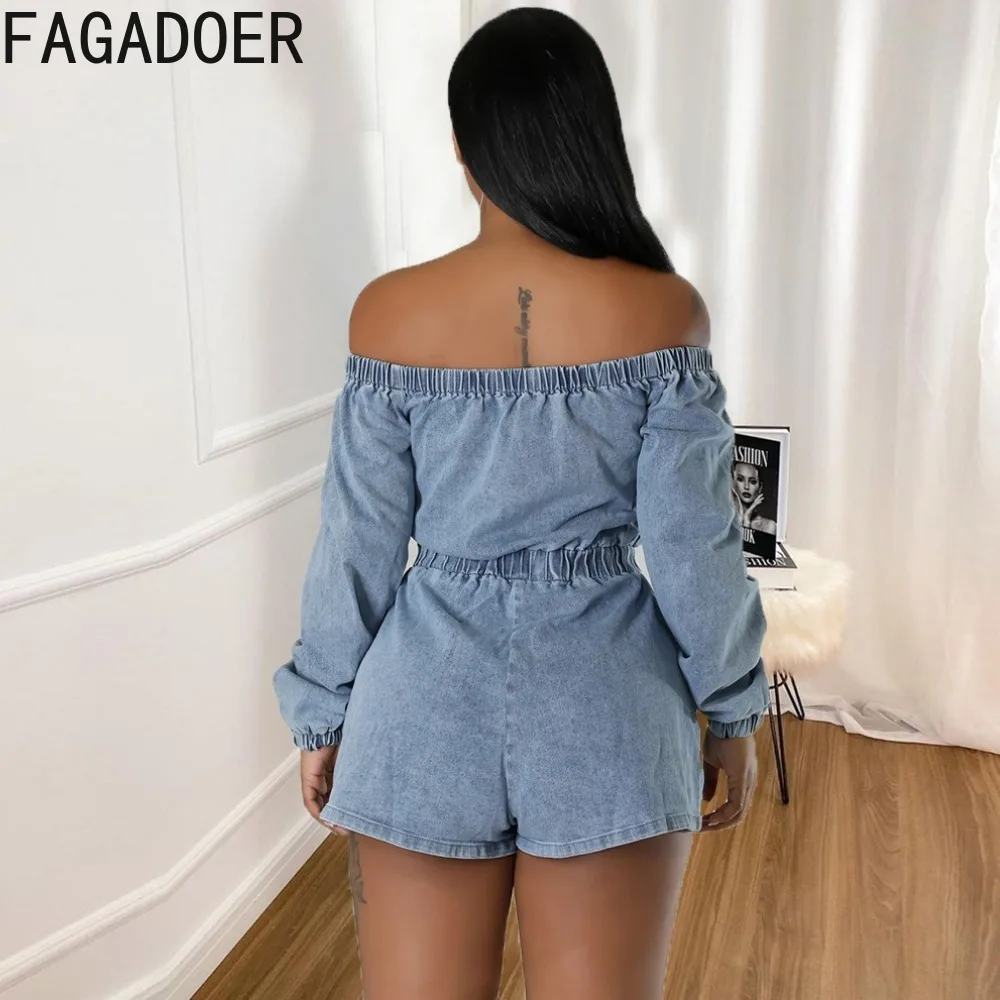 FAGADOER Fashion Off Shoulder Lace Up Denim Rompers Women Long Sleeve Elastic Waist Pocket Cargo Jumpsuits Casual Cowboy Overall