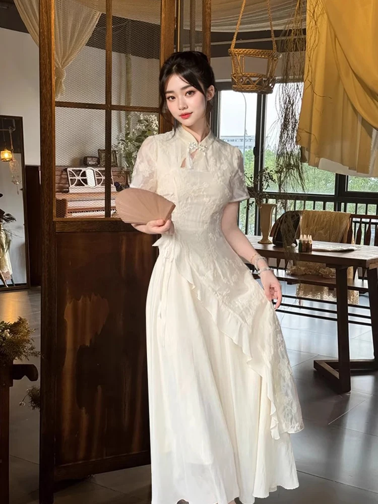 Estate 2025 Nuovo spirito nazionale cinese Sle ricamato floreale colletto alla coreana orlo asimmetrico abito Midi Dr