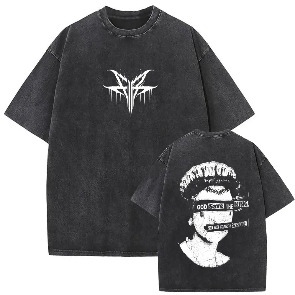 Washed Vintage Rock Band Falling in Reverse Skeleton Print T-shirt Men Women Retro Gothic Punk T-shirts Cotton Oversized T Shirt