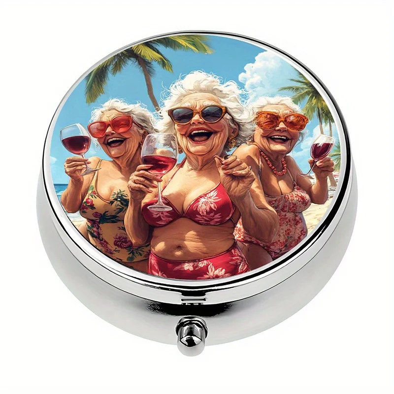 A portable travel pill box with a 3-compartment design, featuring a swimsuit-style design with two elderly women figures. It is a compact daily pill box that can be placed in a handbag or purse. It is a unique travel gift and the best Christmas present