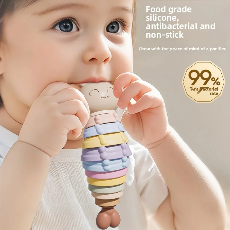 Food Grade Silicone Caterpillar Teether Rattle, Baby Soothing Sensory Hand Bell Toy, Multiple Styles Combo for Newborn 0M+