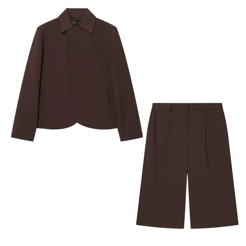 Conjunto de 2 Piezas para Mujer, Chaqueta Blazer con Solapa Plana + Pantalones Cortos Bermuda Plisados, Elegante Atuendo Casual Marrón para Oficina