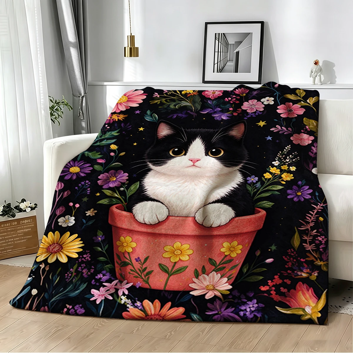 Tuxedo Cat Lily Green Pot Flannel Blanket Warm Soft Halloween Christmas Decorative Couch Warm Cozy All-Season Gift