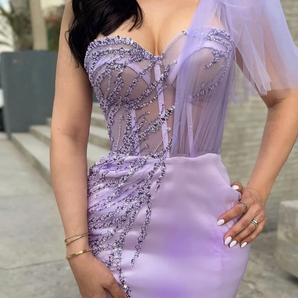 Amanda Maßgeschneiderte lila Satin-Abschlussballkleider, eine Schulter, trägerlos, Vestidos de Noche, bodenlang, Perlen, formeller Abend 2025