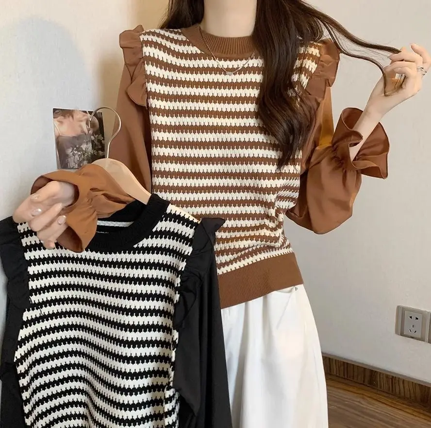 

Sweater Two Fake Pieces Patchwork Striped Y2K Vintage Round Neck New Loose Fall Knitwear Korean Loose Fashion Women'S Tops