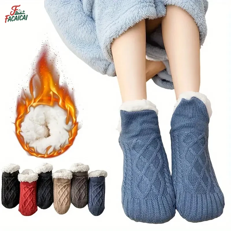 

Cozy Slippers Socks,Thickened Winter Floor Socks with Non-Slip Bottom,Knitted,Machine Washable,Solid Color,Indoor Home Wear