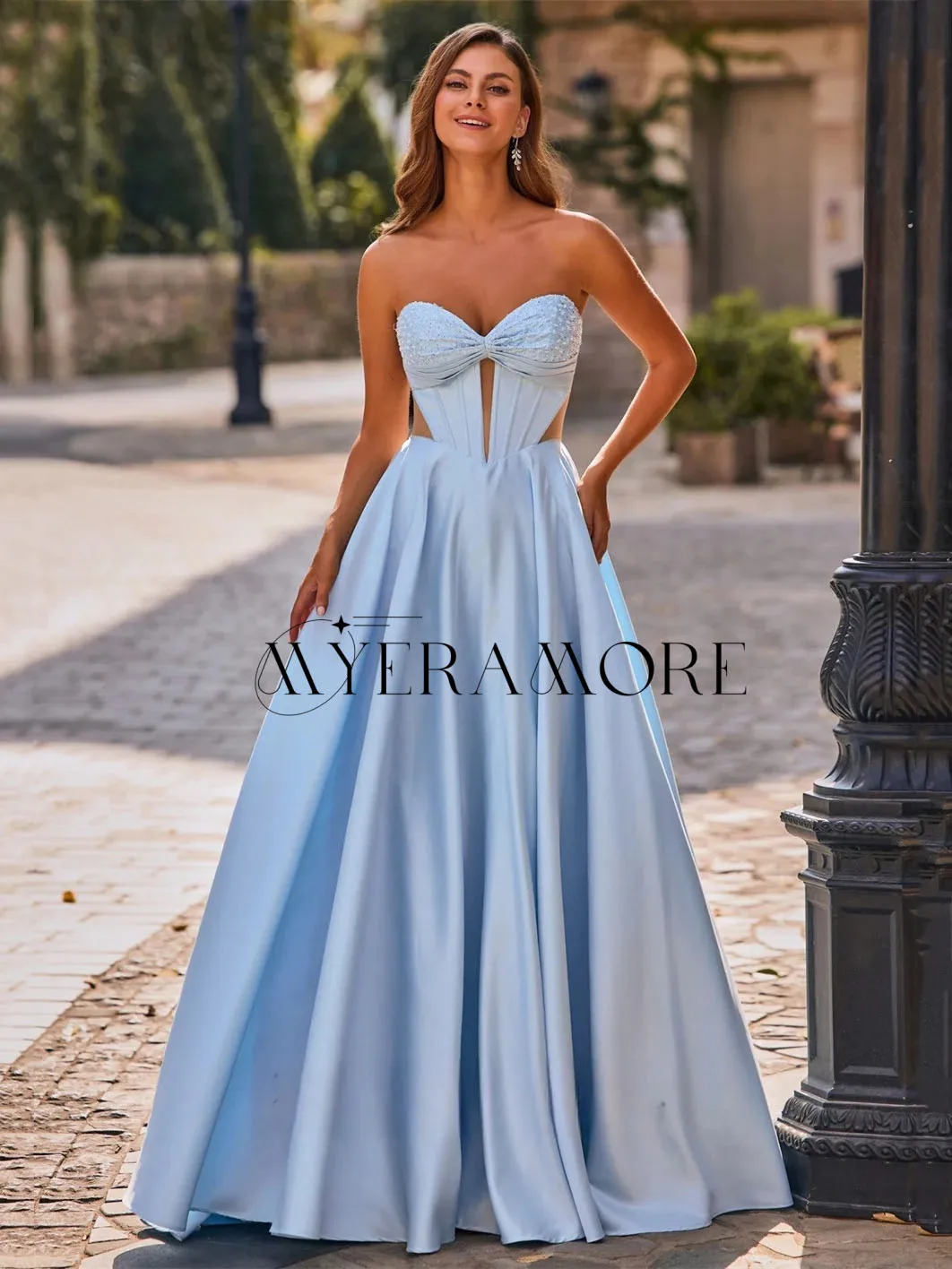 

Bow Sweetheart Evening Dresses Blue Cut-out A-Line Lace UP Pleat Homecoming Dresses Customized robes de soirée