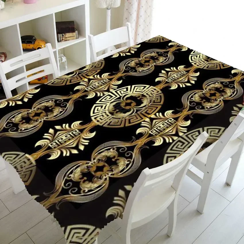 Elegant Black Gold Greek Key Pattern Waterproof Tablecloth for Dining Room Home Decor Table Cover