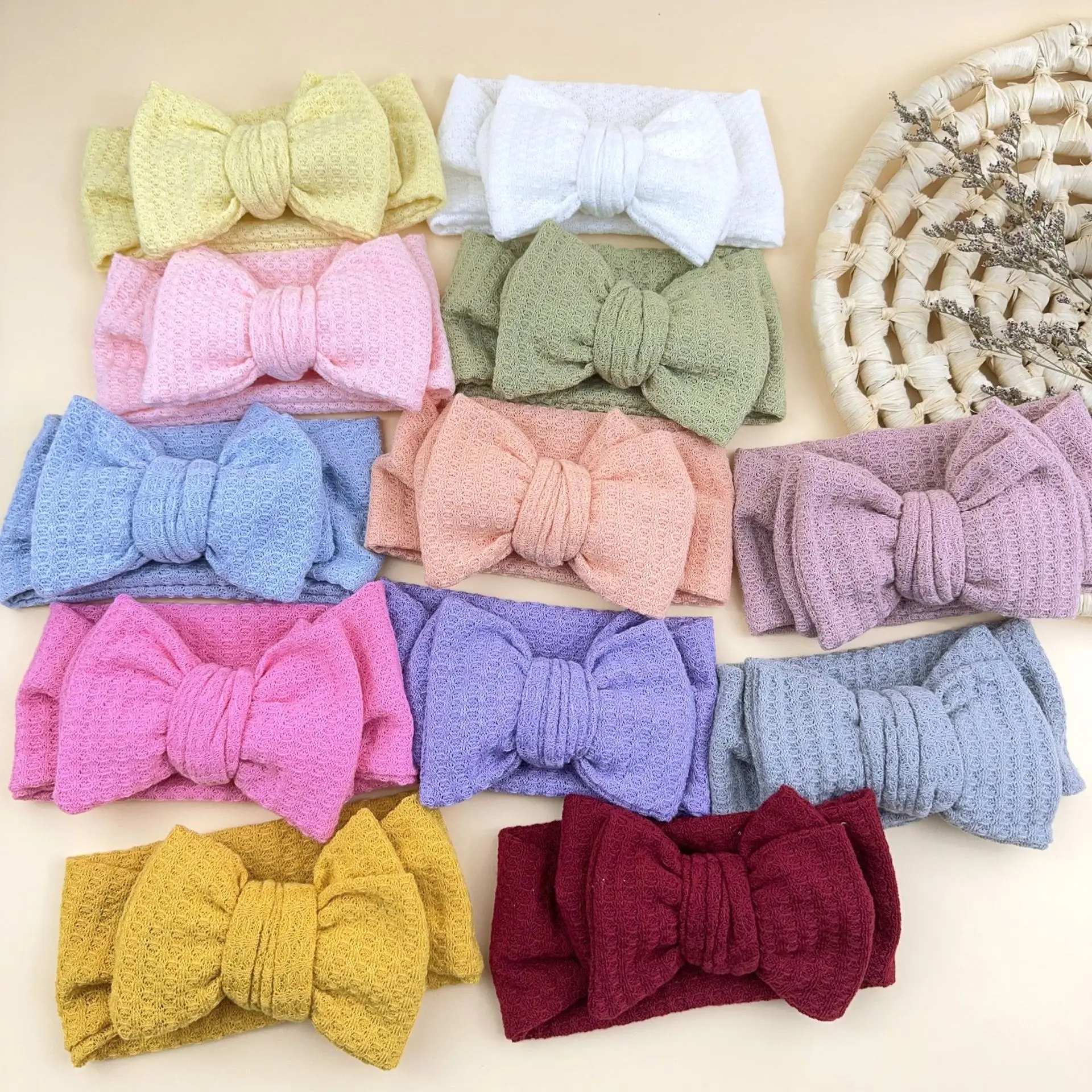 

24pc/lot New Large Waffle Knit Bow Headbands Baby Girls Cotton Elastic Hairbands Children Kids Hair Accessories Newborn Headwear