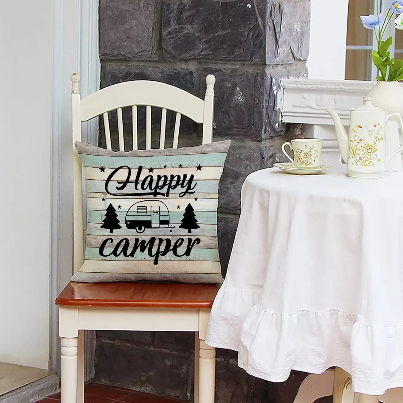 Happy Camper Pillow Cases Vintage Rustic Wood Background Inspirational Quotes Home Outdoor Decorative Cushion Cover Set of 4