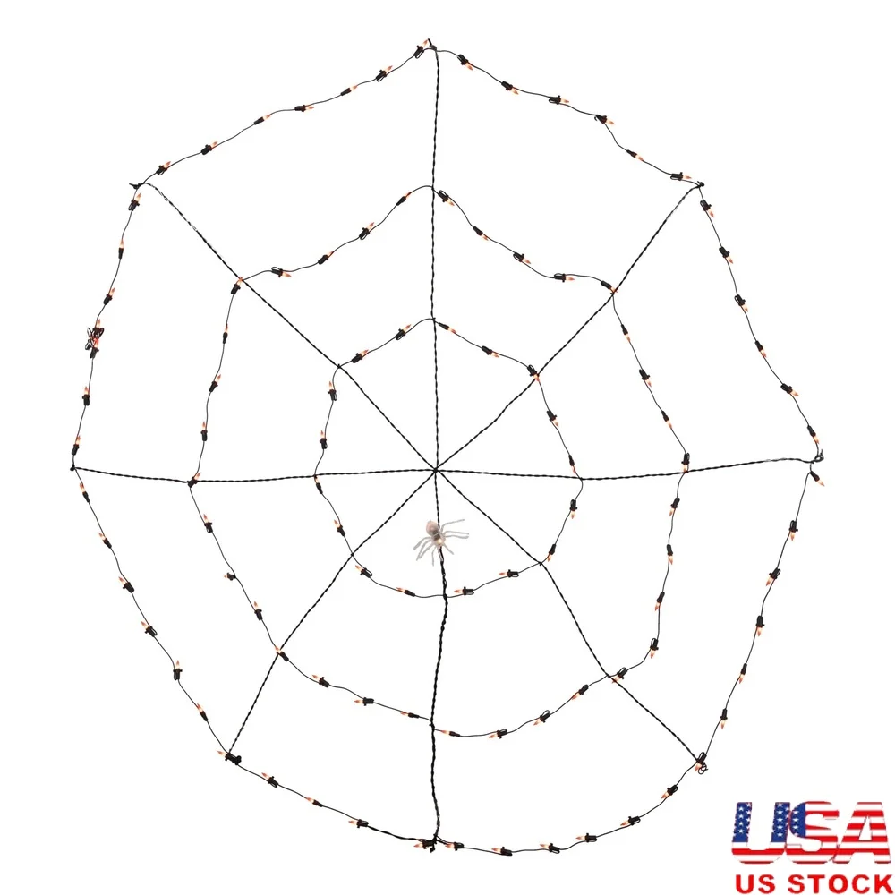

Освещенная паутина, украшение для Хэллоуина, 5 футов, оранжевые мини-лампочки, черная проволока, присоски для внутреннего использования, сменные лампы в комплекте
