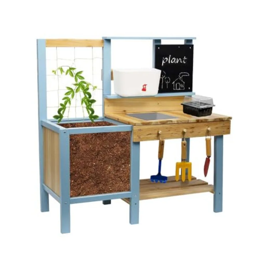 Potting Bench For Outdoor Gardening, Pine Wood Construction, Natural Wood Color, Foldable Design With Sink, Faucet, Blackboard,