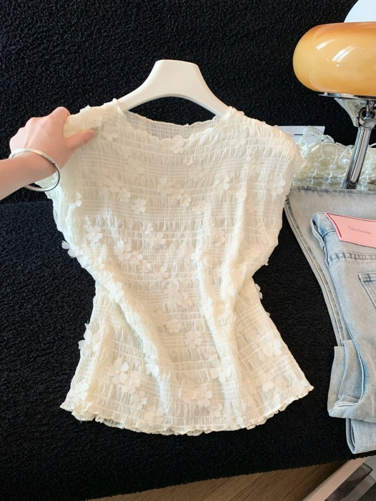 

Heavy Embellished 3D Flower Sleeveless T-Shirt Women's Summer New Style High-End Soft Slimming Top Self-Reserve Commute Korea...