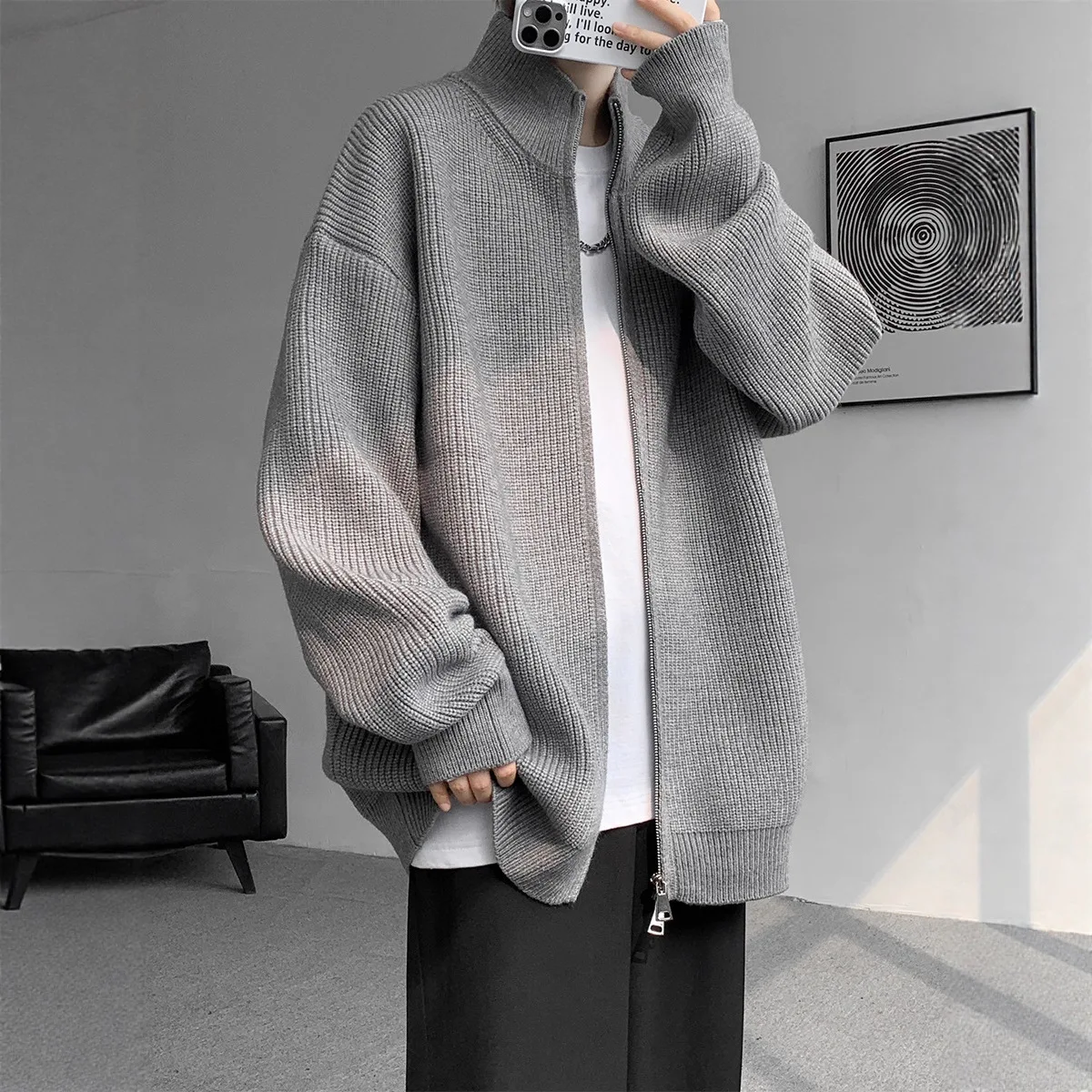 

Кардиган на молнии, свитер, мужская осенне-зимняя трендовая свободная и крутая мужская вязаная куртка-кардиган с воротником-стойкой