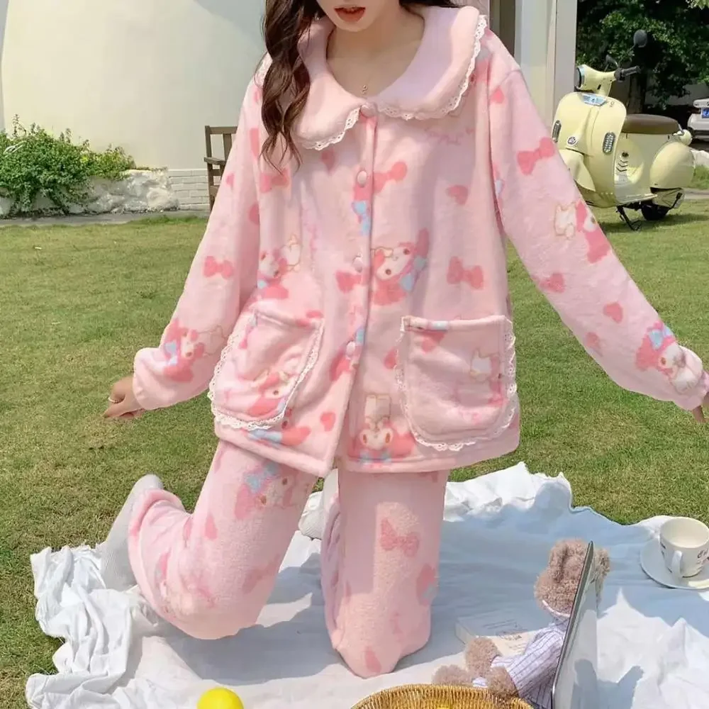 Sanrioed My Melody Pink Plush Pajamas Suit Home Clothes Coral Fleece Soft Kawaii Cardigan Tops Pants 2Pcs Set Women Sleepwear