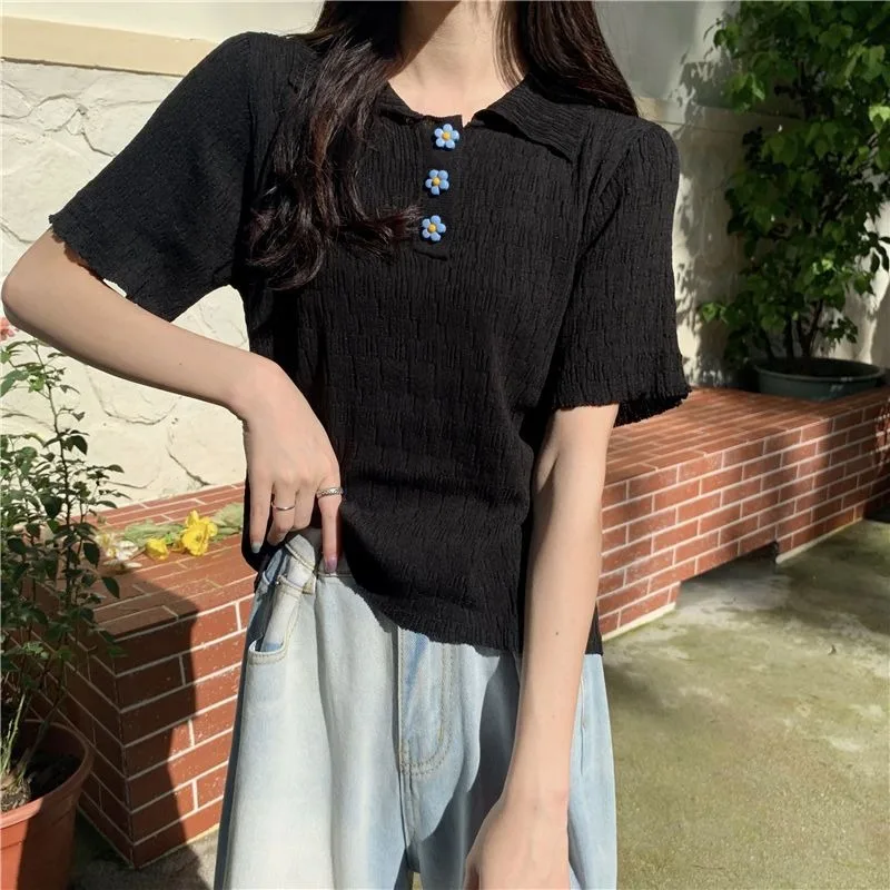 Solid Short Sleeveless Women Summer Sweet Girls College Cool Turn-down Collar Button Thin Baggy Fashion Korean Style Casual Cozy