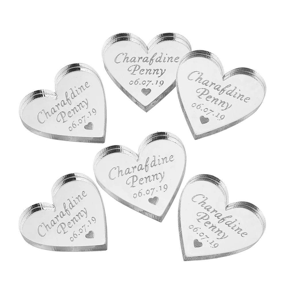 20/50/100Pcs Personalized Tag Engraved Mirror Acrylic Love Heart Wedding NoHole Party Name Baby Baptism Decoration Custom Gift