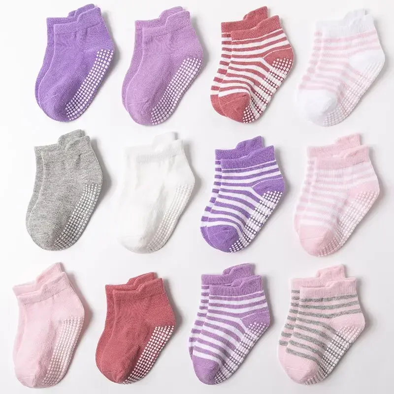 6 Pairs Baby Girls Boys Anti-slip Non Skid Socks with Grips Toddler Kids All Seasons Cotton Socks 0-3years