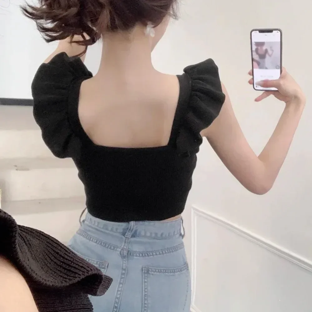 New Summer Ruffled Knitted Camisole Women Short Tank Top Summer Solid Square Neck Sleeveless Bow Elastic Waist Strap Top