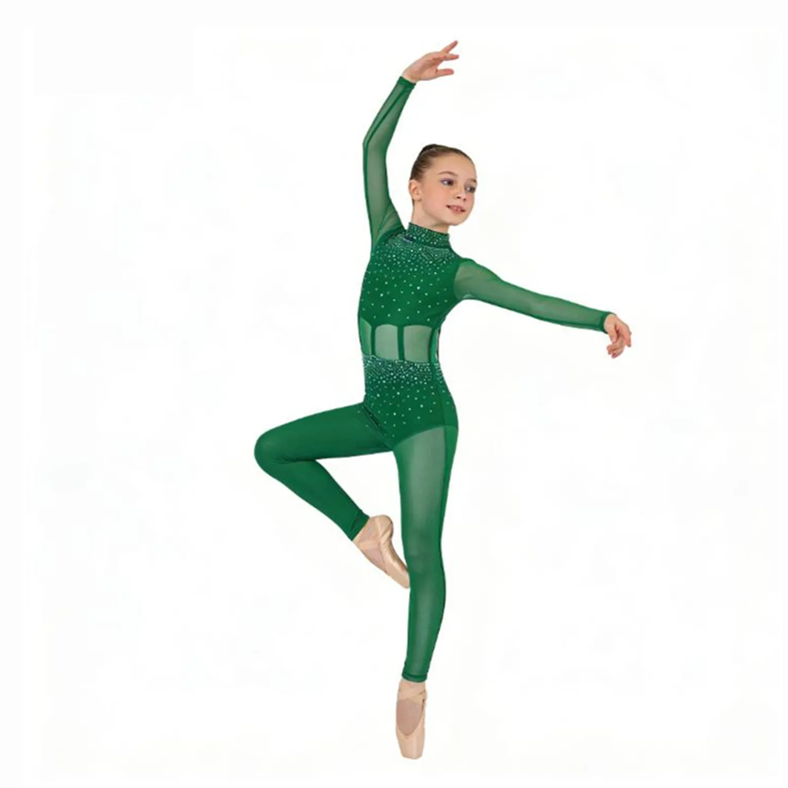 Kinderen Meisjes Gymnastiek Artistieke Kunstschaatsen Ballet Dans Kostuum Full Body Turnpakje Sparkly Steentjes Jumpsuit Danskleding