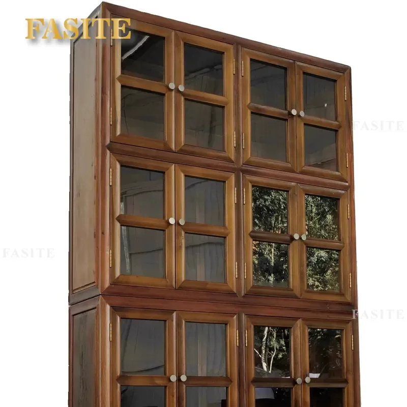 For Full Window Retro Glass Cabinet Solid Wood Display Case Vintage Windshield Showcase Home Furniture Storage