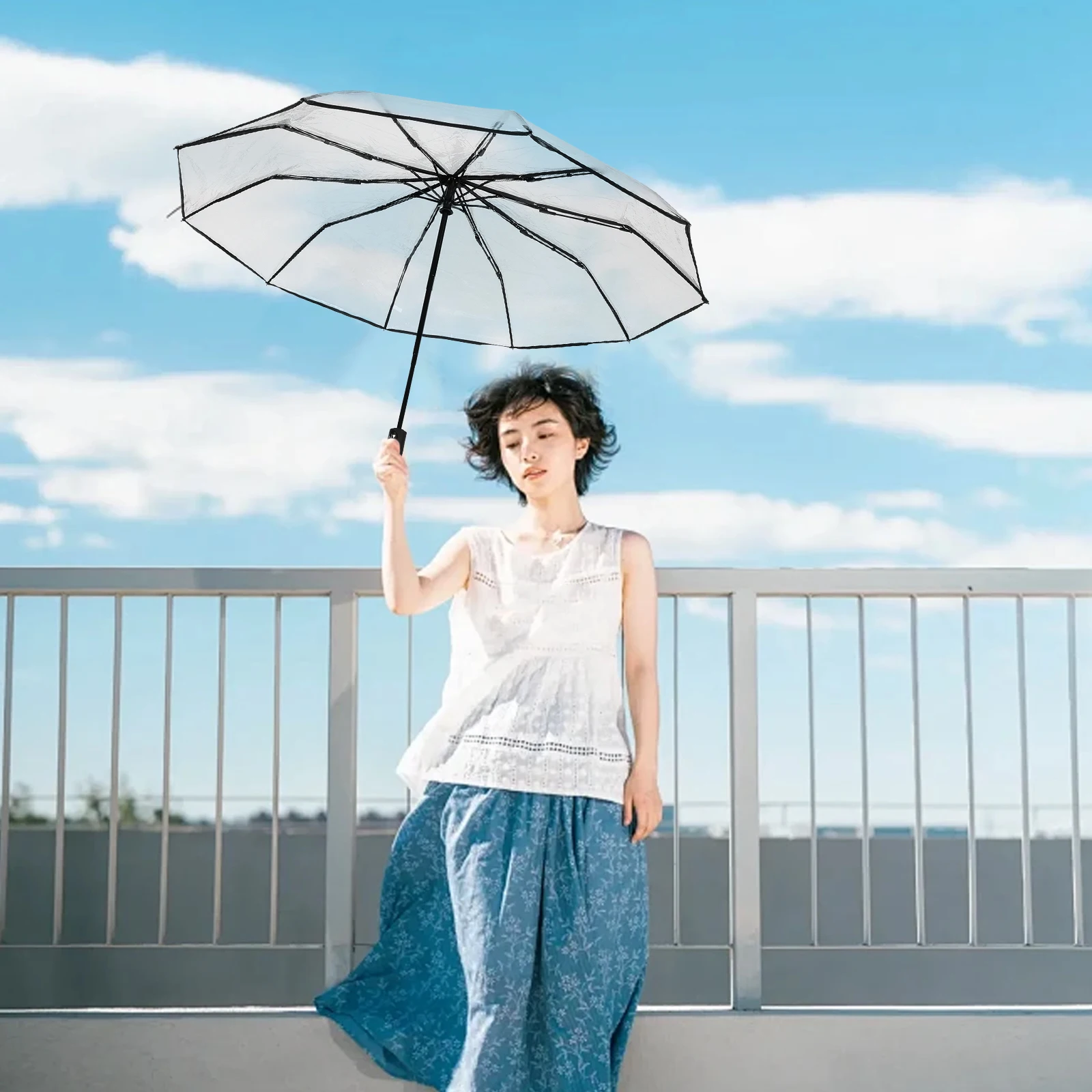 

Fully Automatic 10 bone Folding Transparent Umbrella Black Lightweight Portable Pvc Clear Travel Rain Home Daily Use