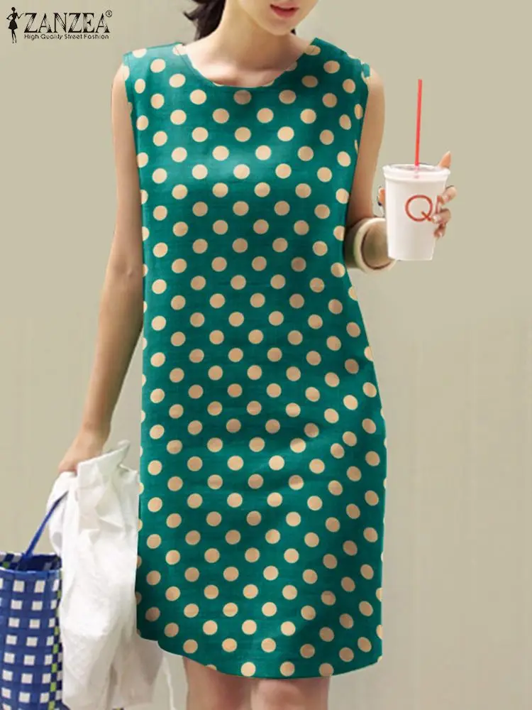 

ZANZEA Summer Polka Dots Women Dress Sleeveless Beach Sundress Fashion Casual Holiday Vestidos Female O Neck Tank Robe Sarafans