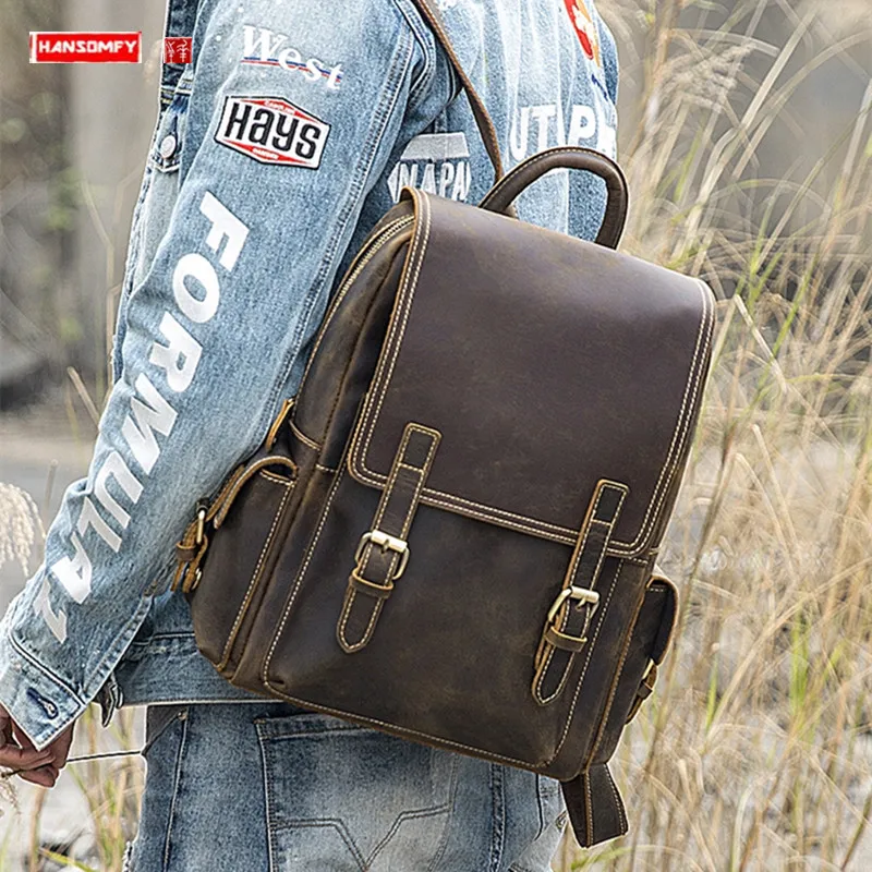 

Casual Leather Men's Backpack Shoulder Laptop Bag Men Travel Backpacks Retro Crazy Horse Leather Schoolbag