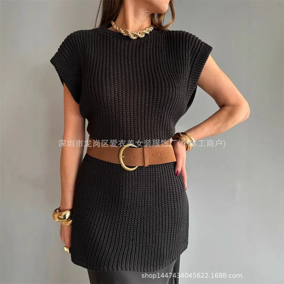 

2025 New Autumn Winter Women Sleeveless Knit Vest Loose Fit Black Base Layer Top Mid Length Casual Stretchable Knitwear