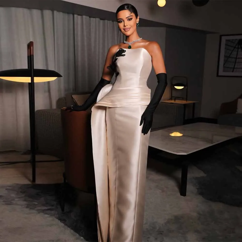 

Modern Women Ceremony Dresses Satin Sheath/Column Formal Evening Dress Champagne Strapless 3D flowers Tiered Women's Ball Gowns