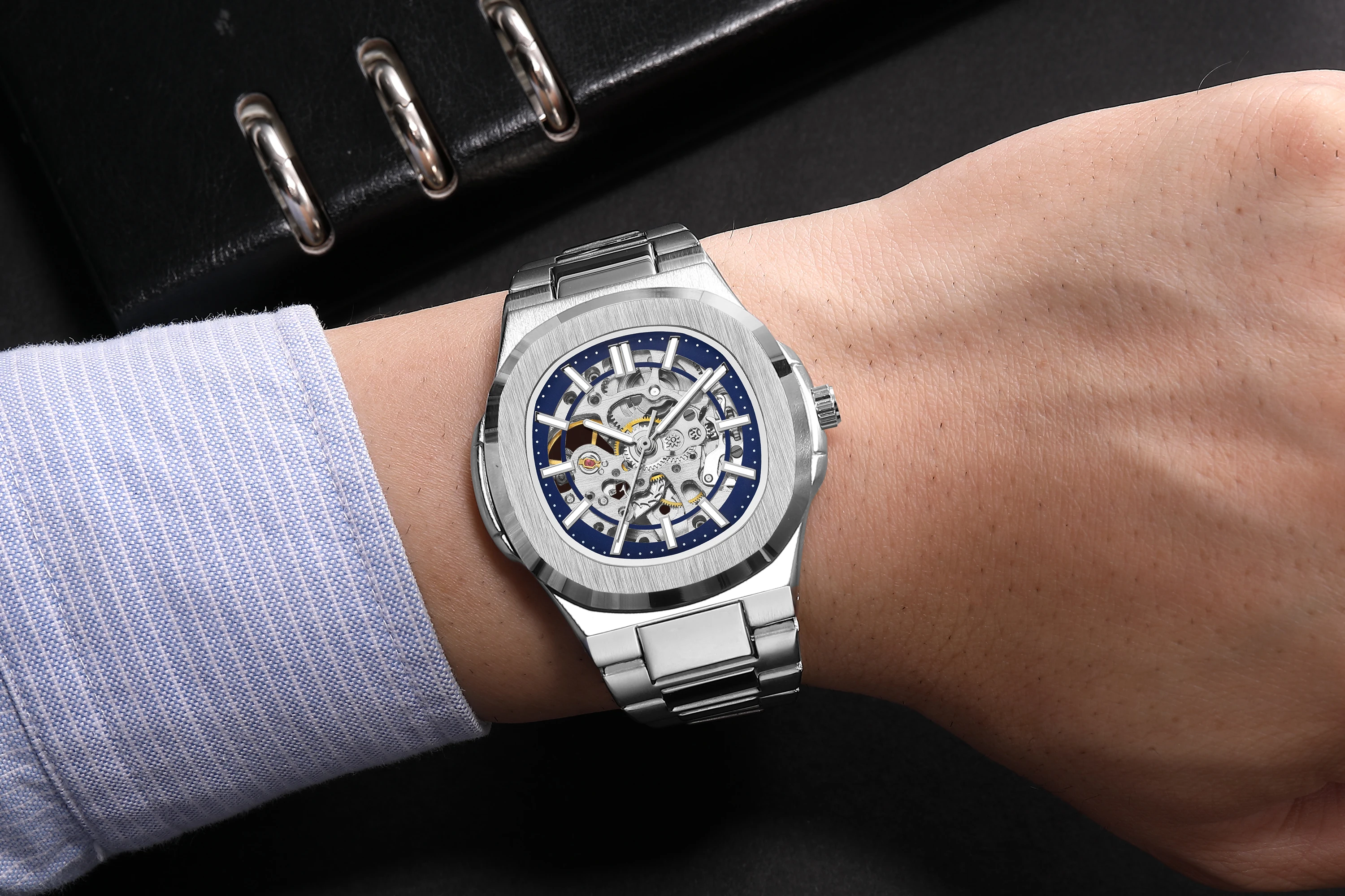 Herren Quarzuhr Mode Automatische Herrenuhr Edelstahl Wasserdicht Business Skelett-Uhr – Detail 11