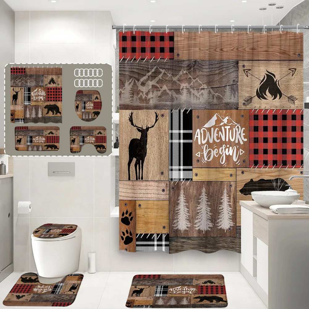 4Pcs Rustic Country Shower Curtain Wildlife Deer Bear Red Black Checkered Cottage Farm Home Bathroom Decor Set Rug Toilet Cover