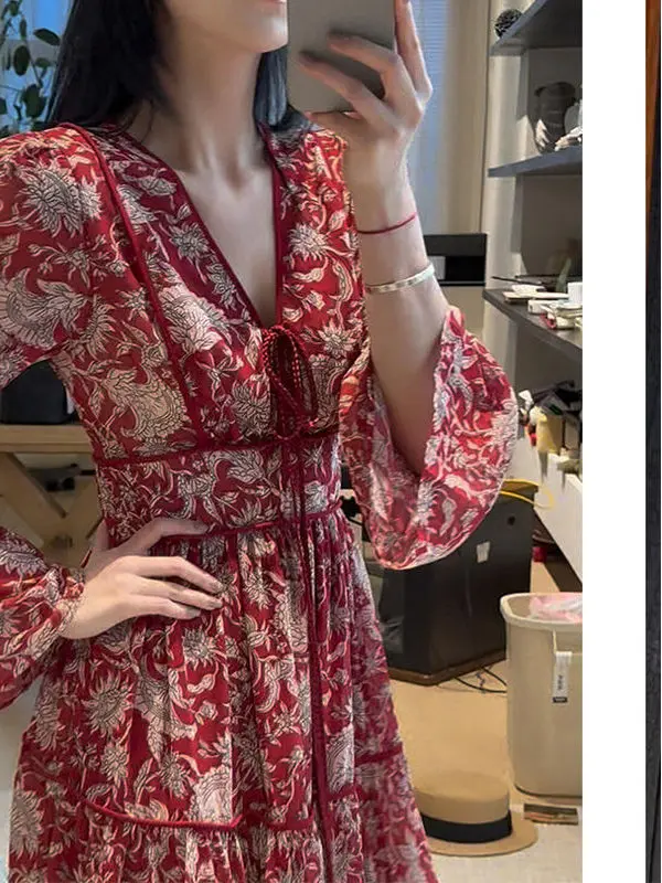 Faionable Red V-Ne Floral Dr 2025 صيف جديد Sle المرأة عالية الخصر ألف خط تنورة طويلة Sve سستة إغلاق تخفيف...