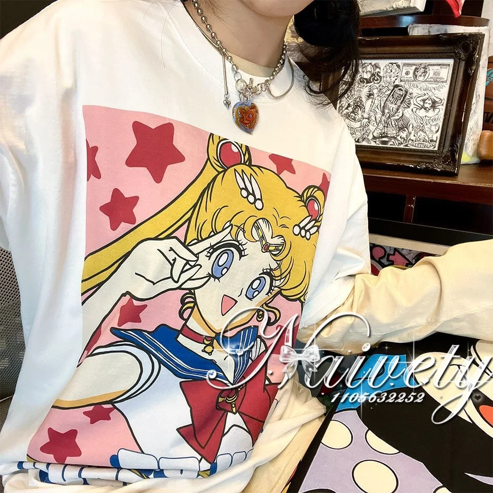 90er Jahre Anime Sailor Moon Vintage-Muster Sommer Baumwoll-T-Shirt für Herren und Damen Streetwear Lässige Trendige Kurzarm-Paar-Tops