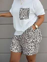 Plus Size Women's Fashionable Leopard Print Two-piece Set Casual Loose with Pockets Short Sleeve Loose and Simple Two-piece Set